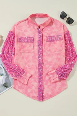 Sale Dear-Lover Mineral Wash Sequin Patchwork Flap Pocket Shacket Apricot Pink