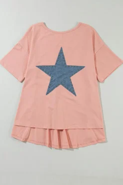 New Dear-Lover Mineral Wash Studded Star Patch Graphic High Low Tee Apricot Pink
