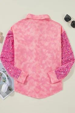 Sale Dear-Lover Mineral Wash Sequin Patchwork Flap Pocket Shacket Apricot Pink