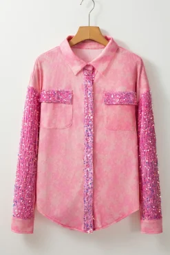 Sale Dear-Lover Mineral Wash Sequin Patchwork Flap Pocket Shacket Apricot Pink