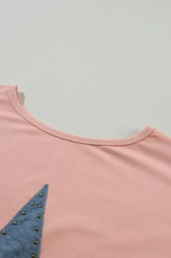 New Dear-Lover Mineral Wash Studded Star Patch Graphic High Low Tee Apricot Pink