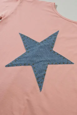 New Dear-Lover Mineral Wash Studded Star Patch Graphic High Low Tee Apricot Pink
