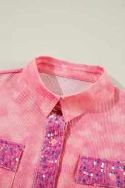 Sale Dear-Lover Mineral Wash Sequin Patchwork Flap Pocket Shacket Apricot Pink