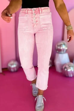 Hot Dear-Lover Multi Buttons Raw Edge Crop Jeans Apricot Pink