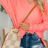 Clearance Dear-Lover Oversized Floral Jacquard V Neck Long Sleeve Top Apricot Pink