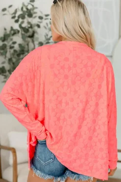 Clearance Dear-Lover Oversized Floral Jacquard V Neck Long Sleeve Top Apricot Pink