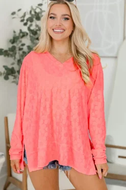 Clearance Dear-Lover Oversized Floral Jacquard V Neck Long Sleeve Top Apricot Pink