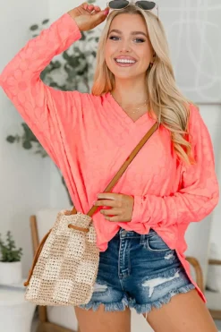Clearance Dear-Lover Oversized Floral Jacquard V Neck Long Sleeve Top Apricot Pink