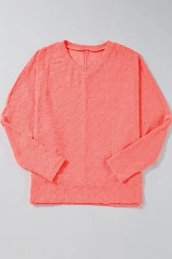 Clearance Dear-Lover Oversized Floral Jacquard V Neck Long Sleeve Top Apricot Pink