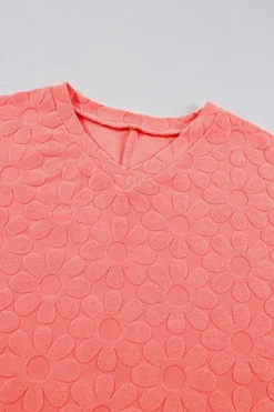 Clearance Dear-Lover Oversized Floral Jacquard V Neck Long Sleeve Top Apricot Pink