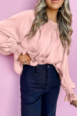 Online Dear-Lover Pleated Round Neck Flounce Sleeve Satin Blouse Apricot Pink