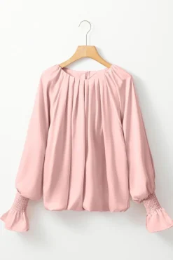 Online Dear-Lover Pleated Round Neck Flounce Sleeve Satin Blouse Apricot Pink