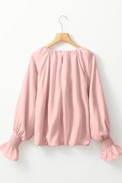 Online Dear-Lover Pleated Round Neck Flounce Sleeve Satin Blouse Apricot Pink