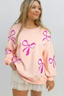 Discount Dear-Lover Sequined Bowknot Drop Shoulder Oversized Sweatshirt Apricot Pink