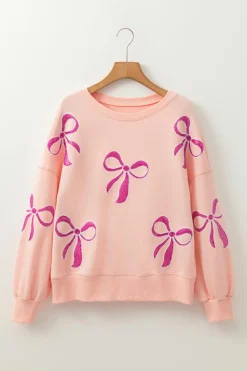 Discount Dear-Lover Sequined Bowknot Drop Shoulder Oversized Sweatshirt Apricot Pink