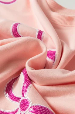 Discount Dear-Lover Sequined Bowknot Drop Shoulder Oversized Sweatshirt Apricot Pink