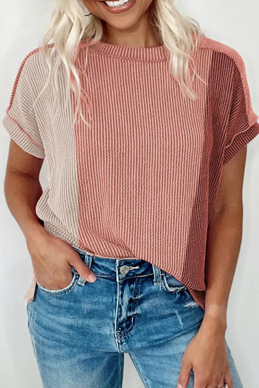 Online Dear-Lover Textured Colorblock Crew Neck T Shirt Apricot Pink