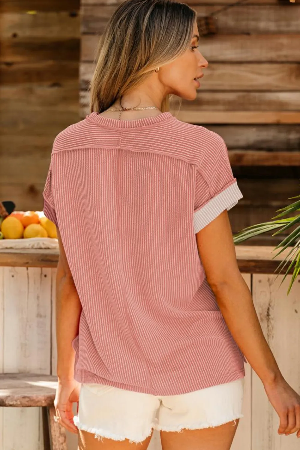 Online Dear-Lover Textured Colorblock Crew Neck T Shirt Apricot Pink