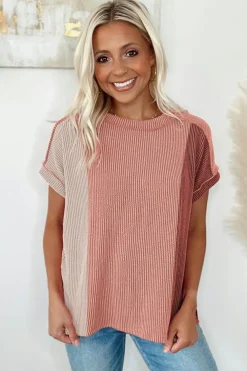 Online Dear-Lover Textured Colorblock Crew Neck T Shirt Apricot Pink