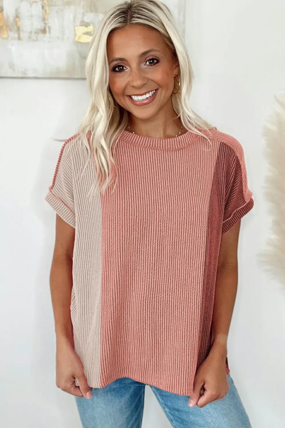 Online Dear-Lover Textured Colorblock Crew Neck T Shirt Apricot Pink