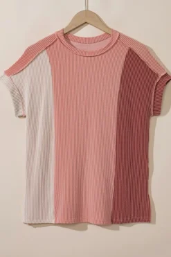 Online Dear-Lover Textured Colorblock Crew Neck T Shirt Apricot Pink
