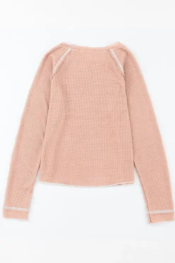 Fashion Dear-Lover Textured Round Neck Long Sleeve Top Apricot Pink