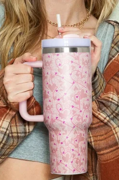 Hot Dear-Lover Valentine Heart Shaped Print Stainless Steel Vacuum Cup 40oz Apricot Pink