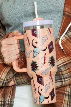 Fashion Dear-Lover Western Aztec Steer Head Stainless Tumbler 40oz Apricot Pink