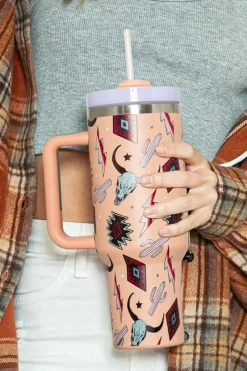 Fashion Dear-Lover Western Aztec Steer Head Stainless Tumbler 40oz Apricot Pink