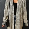Best Dear-Lover Plaid Knitted Long Open Front Cardigan Apricot