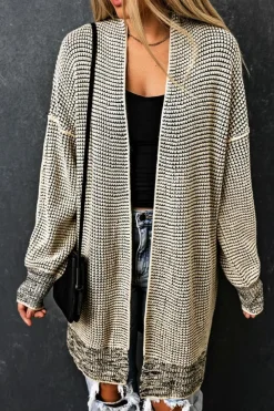 Best Dear-Lover Plaid Knitted Long Open Front Cardigan Apricot