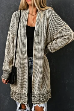 Best Dear-Lover Plaid Knitted Long Open Front Cardigan Apricot