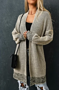 Best Dear-Lover Plaid Knitted Long Open Front Cardigan Apricot