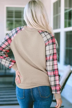 New Dear-Lover Plaid Raglan Sleeve Sweatshirt Apricot