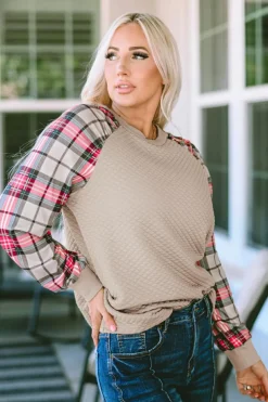 New Dear-Lover Plaid Raglan Sleeve Sweatshirt Apricot