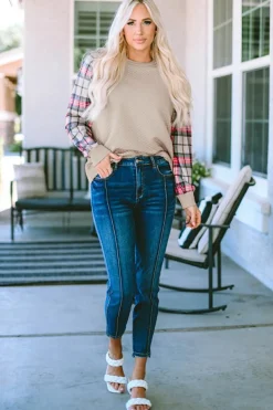 New Dear-Lover Plaid Raglan Sleeve Sweatshirt Apricot