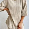 Best Dear-Lover Plain Ribbed Loose Fit Two Piece Lounge Set Apricot