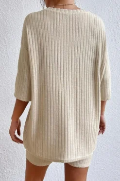 Best Dear-Lover Plain Ribbed Loose Fit Two Piece Lounge Set Apricot