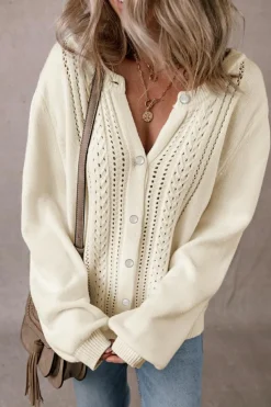 Hot Dear-Lover Pleated Sleeve Hollow Detail Button Sweater Cardigan Apricot
