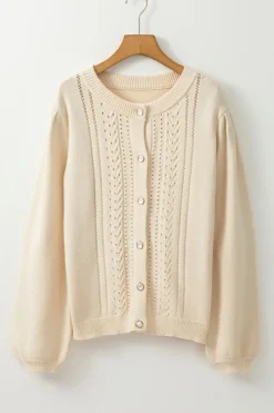 Hot Dear-Lover Pleated Sleeve Hollow Detail Button Sweater Cardigan Apricot
