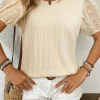 Fashion Dear-Lover Polka Dot Mesh Puff Sleeve Textured Blouse Apricot