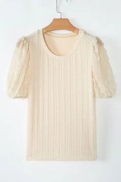 Fashion Dear-Lover Polka Dot Mesh Puff Sleeve Textured Blouse Apricot