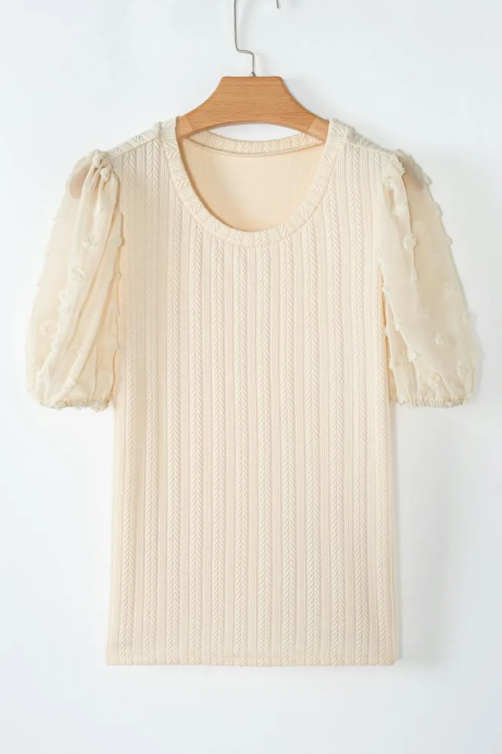 Fashion Dear-Lover Polka Dot Mesh Puff Sleeve Textured Blouse Apricot