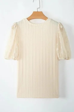 Fashion Dear-Lover Polka Dot Mesh Puff Sleeve Textured Blouse Apricot