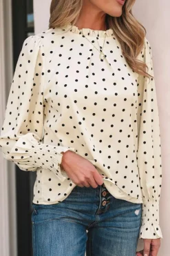 Best Dear-Lover Polka Dot Print Frilled Collar Lantern Sleeve Blouse Apricot
