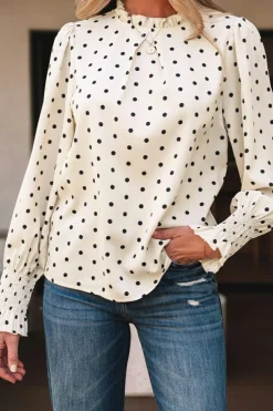 Best Dear-Lover Polka Dot Print Frilled Collar Lantern Sleeve Blouse Apricot