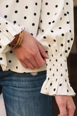 Best Dear-Lover Polka Dot Print Frilled Collar Lantern Sleeve Blouse Apricot