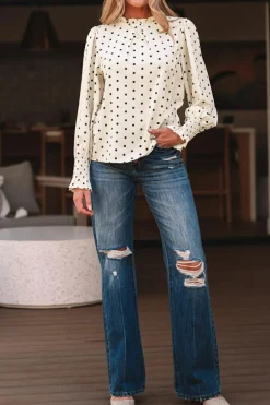 Best Dear-Lover Polka Dot Print Frilled Collar Lantern Sleeve Blouse Apricot