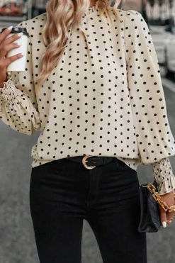 Best Dear-Lover Polka Dot Print Frilled Collar Lantern Sleeve Blouse Apricot