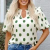 Best Dear-Lover Polka Dot Print Shirred Yoke Notched Neck Balloon Sleeve Blouse Apricot